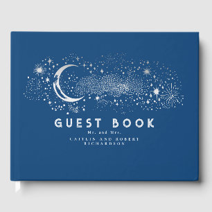 Navy Blue Stars Moon Night Sky Wedding Guest Book Gästebuch