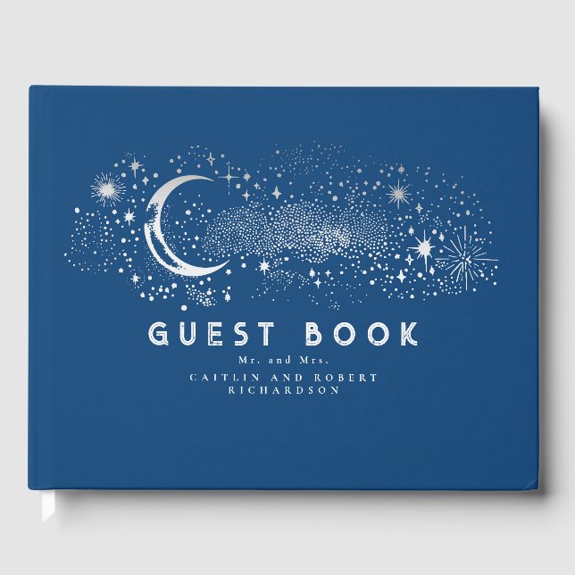 Navy Blue Stars Moon Night Sky Wedding Guest Book Gästebuch (Vorderseite)