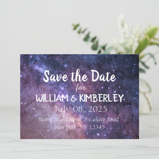 Navy Blue Stars Sky Galaxy Elegante Hochzeit Save The Date (Stehend Vorderseite)