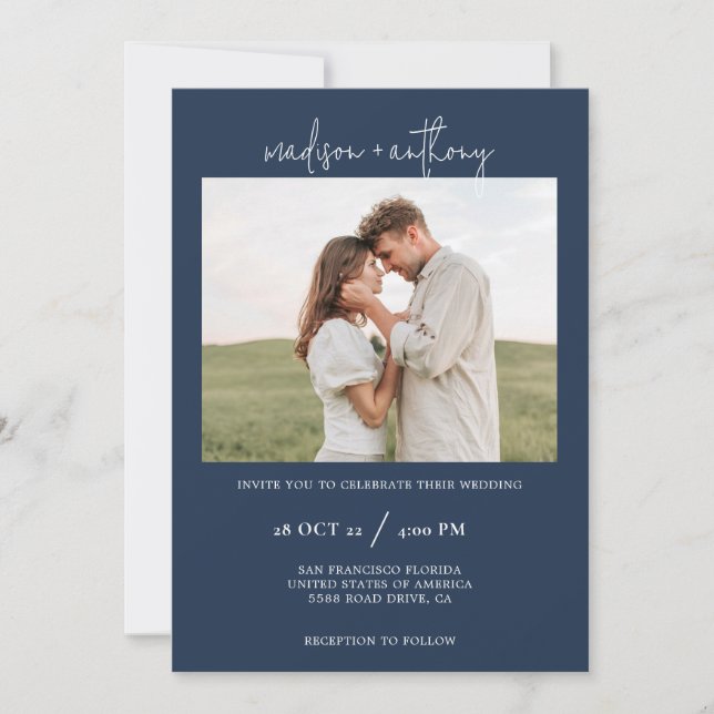 Navy Blue Stilschrift mit Foto Wedding Einladung (Vorderseite)