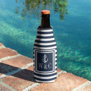 Navy-Blue-Streifen-Marine-Anker-Monogramm Flaschenkühler