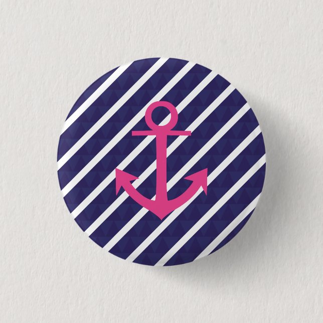 Navy Blue Streifen und Hot Pink Ankerdesign Button (Vorderseite)
