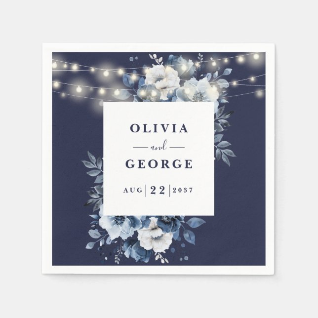 Navy Blue String Lights Floral Wedding Napkin Serviette (Vorderseite)