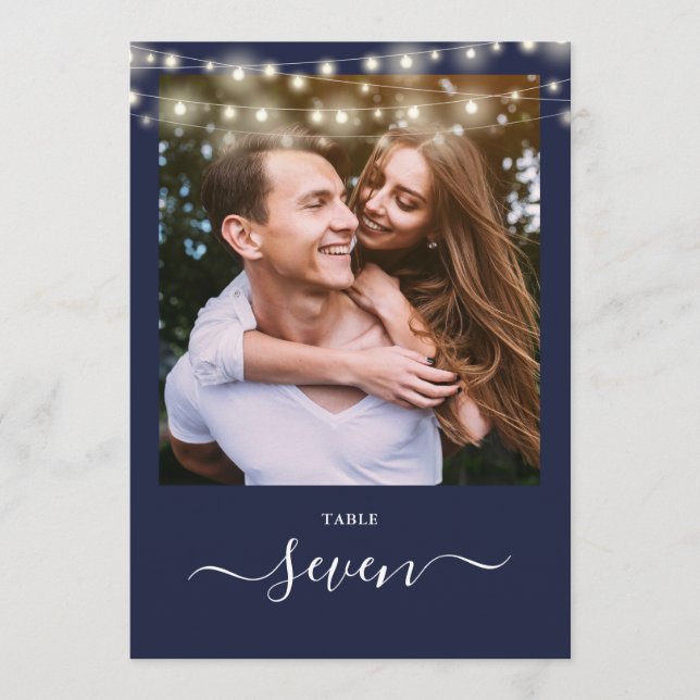 Navy Blue String Lights Foto Tischnummer (Vorderseite)
