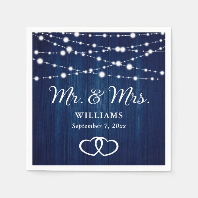 Navy Blue String Lights Herz rustikale Holzhochzei Serviette (Vorderseite)