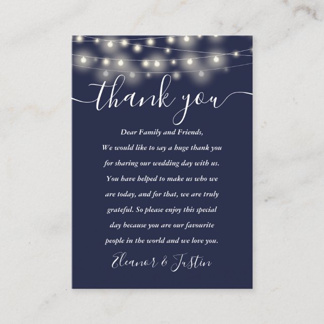 Navy Blue String Lights Hochzeit Vielen Dank Place Platzkarte (Vorderseite)