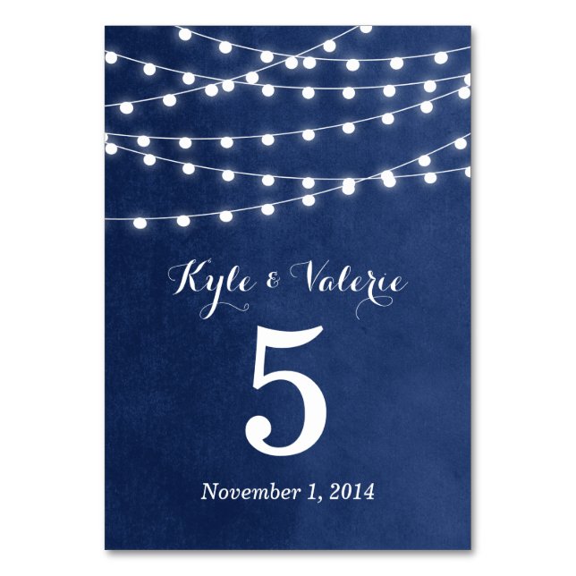 Navy Blue String Lights Hochzeiten Tischnummern (Vorderseite)