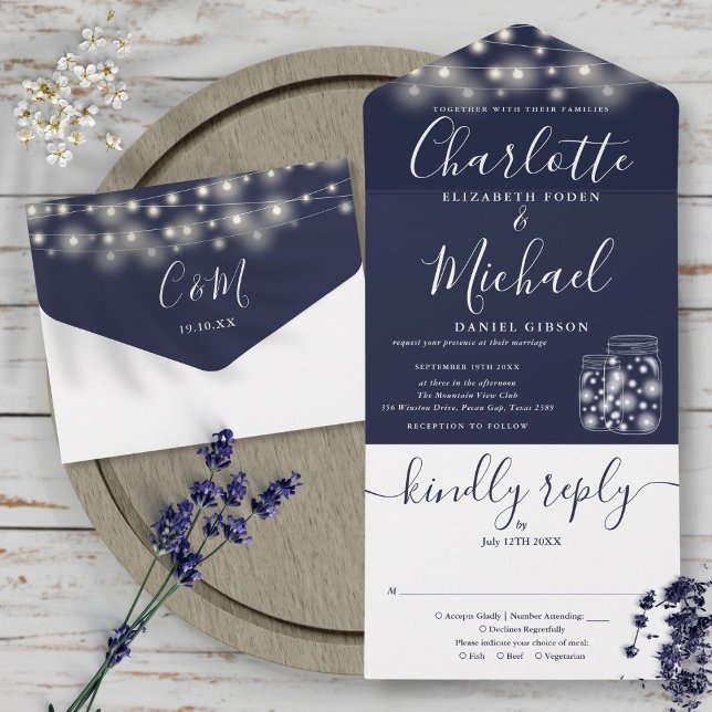 Navy Blue String Lights Mason Jars Wedding All In One Einladung (Navy Blue String Lights Mason Jars Wedding All In One Invitation)