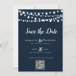 Navy Blue String Lights Modernes Skript Rette das Save The Date
