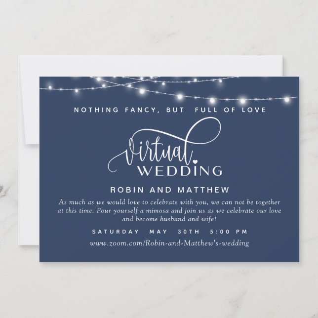 Navy Blue, String Lights, Online Virtual Wedding Einladung (Vorderseite)