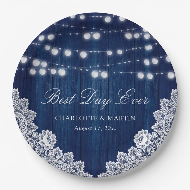 Navy Blue String Lights Rustic Wood Lace Wedding Pappteller (Vorderseite)