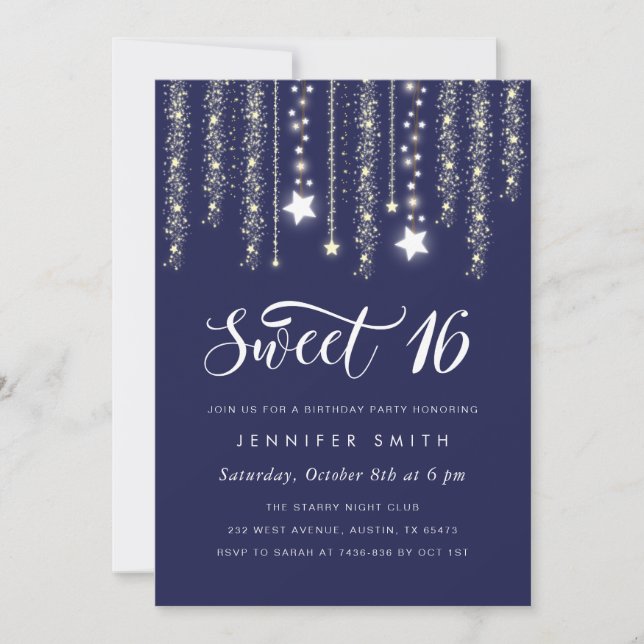 Navy Blue String Lights Sweet 16 Einladung (Vorderseite)