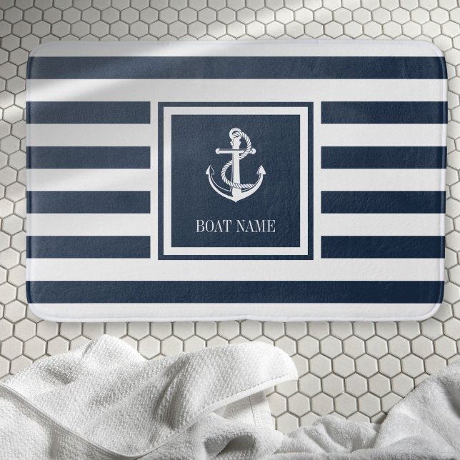 Navy Blue Strip Boat Name Nautical Anchor Badematte (Navy Blue Stripe Boat Name Nautical Anchor Bath Mat)