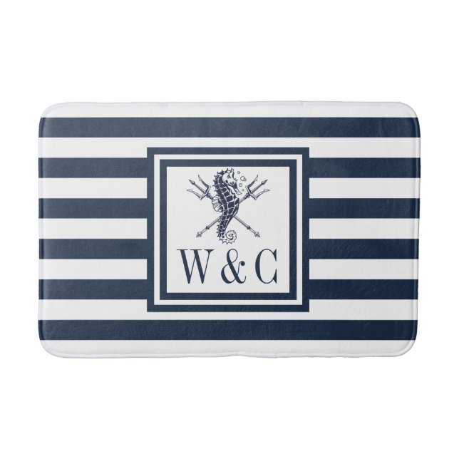 Navy Blue Strip Monogram Nautical Seepferd Bath m Badematte (Vorderseite)