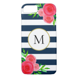 Navy Blue Strip Watercolor Floral Monogram Case-Mate iPhone Hülle
