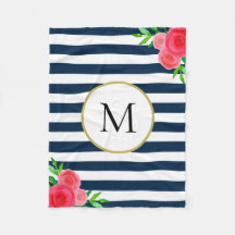 Navy Blue Strip Watercolor Floral Monogram