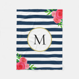 Navy Blue Strip Watercolor Floral Monogram Fleecedecke