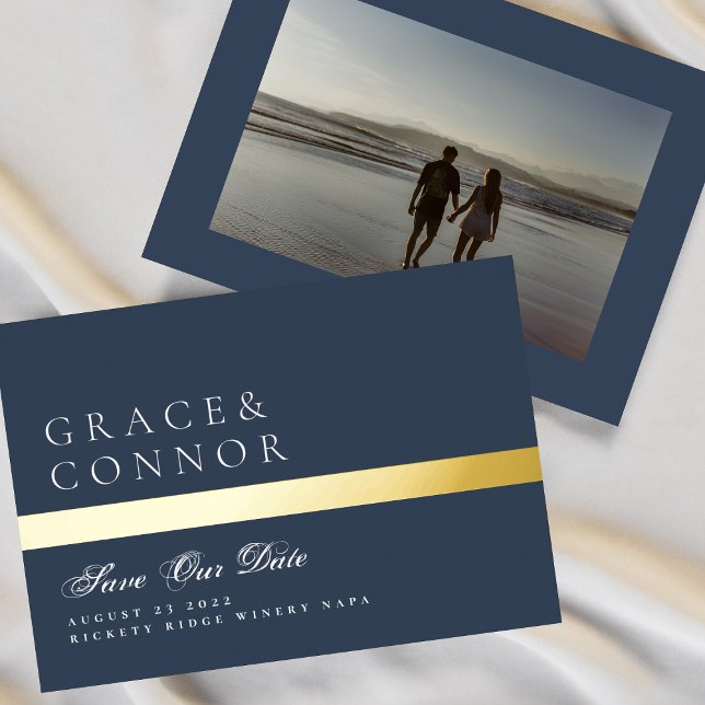 Navy Blue Stripe Foto Save the Date Folieneinladung (Von Creator hochgeladen)