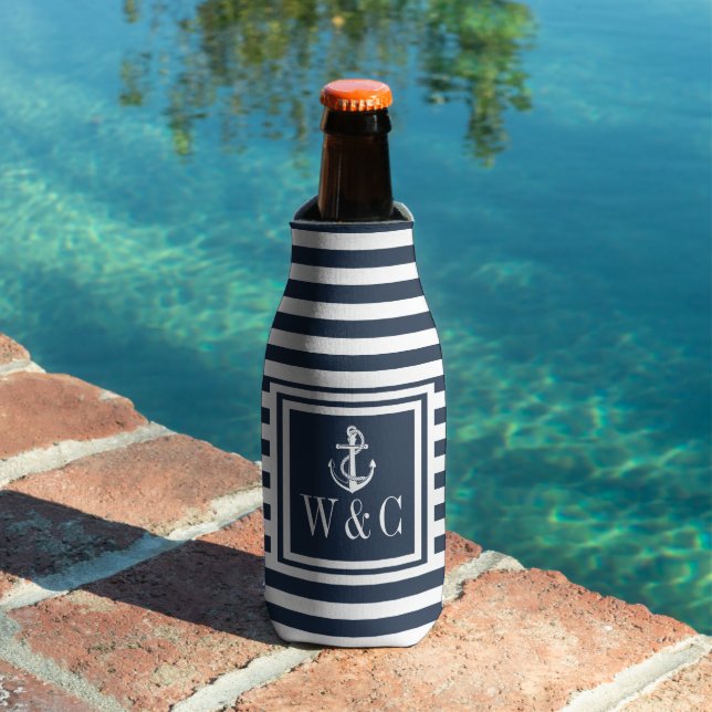 Navy Blue Stripe Nautical Anchor Monogram Flaschenkühler (In Situ Pool)