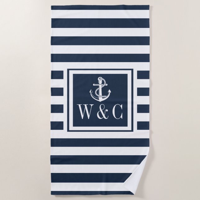 Navy Blue Stripe Nautical Anchor Monogram Strandtuch (Vorderseite)
