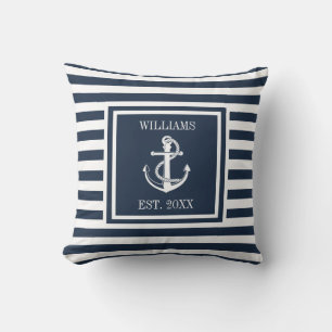 Navy Blue Striped Nautical Anchor Personalisiert Kissen