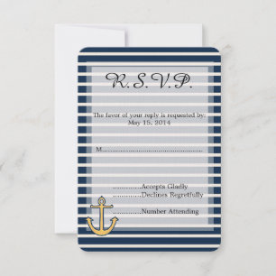 Navy Blue Stripes Anchor Wedding RSVP Karte