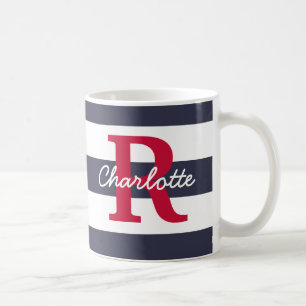 Navy Blue Stripes Crimson Monogram Tasse