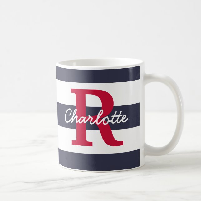 Navy Blue Stripes Crimson Monogram Tasse (Rechts)