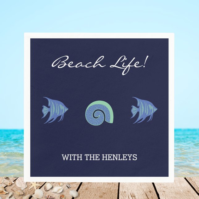 Navy Blue Stripes Familienname Fish Beach House Serviette (Von Creator hochgeladen)