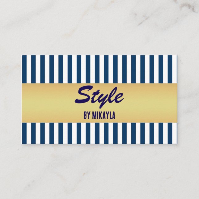 Navy Blue Stripes Gold Bar Stylist Visitenkarte (Vorderseite)