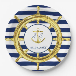Navy Blue Stripes Gold Nautical Wedding Pappteller