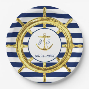 Navy Blue Stripes Gold Nautical Wedding Pappteller