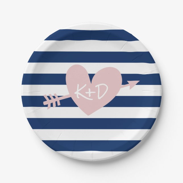 Navy Blue Stripes Heart & Arrow Nautical Wedding Pappteller (Vorderseite)