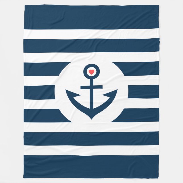 Navy-Blue Stripes & Nautical Boat Anchor Fleecedecke (Vorderseite)