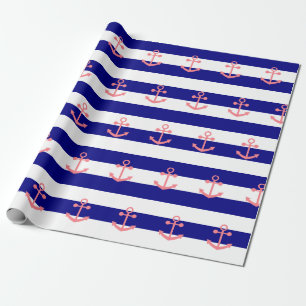 Navy Blue Stripes und Blush Pink Nautical Anchor Geschenkpapier