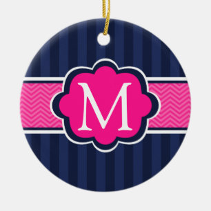 Navy Blue Strips Hot Pink Custom Monogram Keramikornament