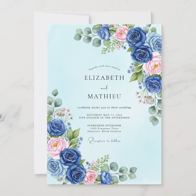 Navy Blue Sublime Botanical Spring Wedding Einladung (Vorderseite)