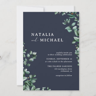 Navy Blue Subtle Greenery | Moderne Hochzeit Einladung