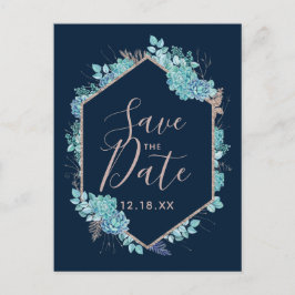 Navy Blue Succules & Rose Gold Save the Date Ankündigungspostkarte