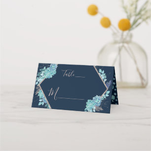 Navy Blue Succules & Rose Gold Tischnummer Platzkarte