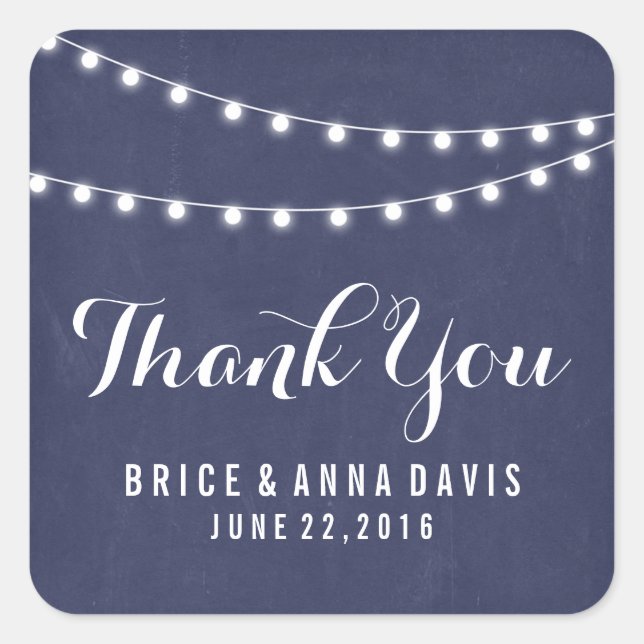 Navy Blue Summer String Light Wedding Vielen Dank Quadratischer Aufkleber (Vorderseite)