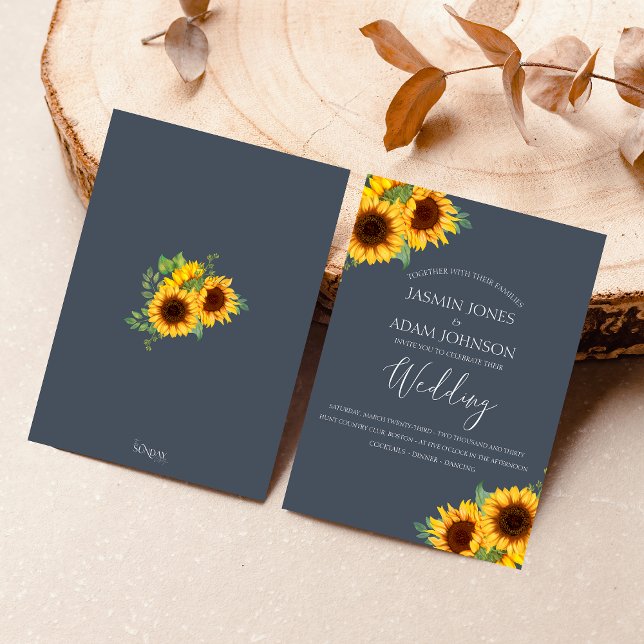 Navy Blue Sunflower Boho Wedding Einladung (Rustic Yellow and Navy Blue Sunflower Boho Wedding Invitation)