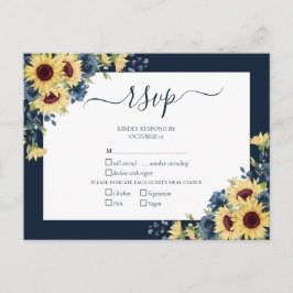 Navy Blue Sunflower Botanical Script Wedding RSVP Einladungspostkarte