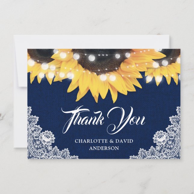 Navy Blue Sunflower Burlap String Lights Wedding Dankeskarte (Vorderseite)