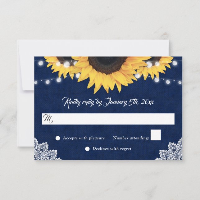 Navy Blue Sunflower Burlap String Lights Wedding RSVP Karte (Vorderseite)