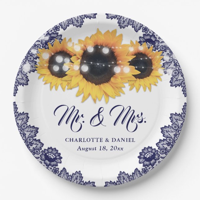 Navy Blue Sunflower Floral Lace Wedding Pappteller (Vorderseite)