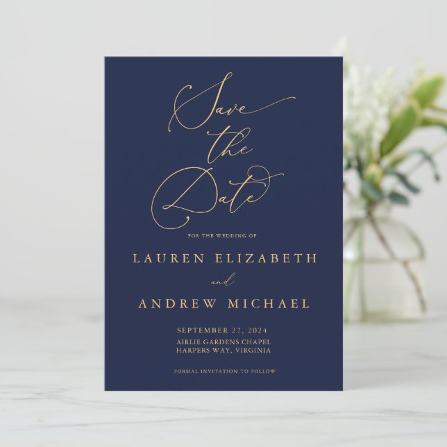 Navy Blue & Sunflower Gold Save the Date Einladung (Stehend Vorderseite)
