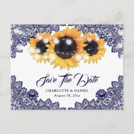 Navy Blue Sunflower Lace Wedding Save The Date Ankündigungspostkarte