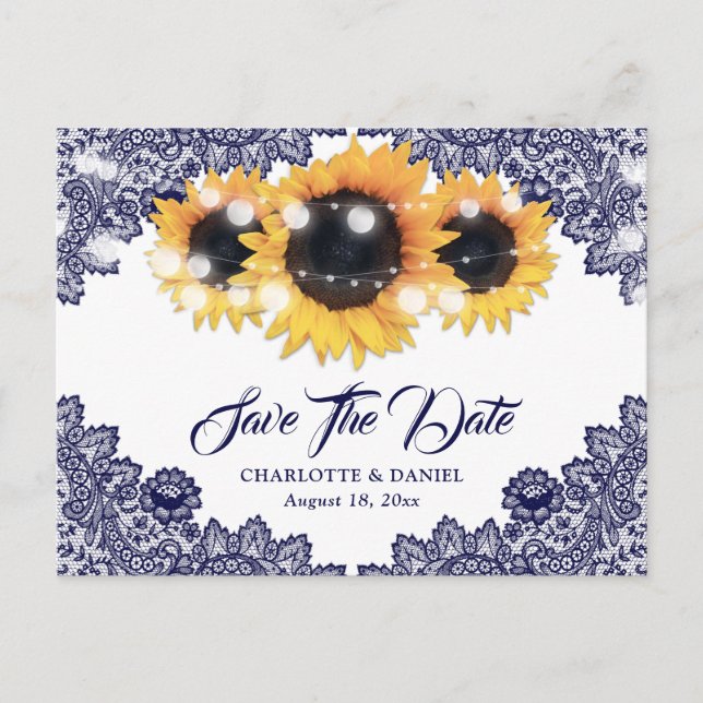 Navy Blue Sunflower Lace Wedding Save The Date Ankündigungspostkarte (Vorderseite)