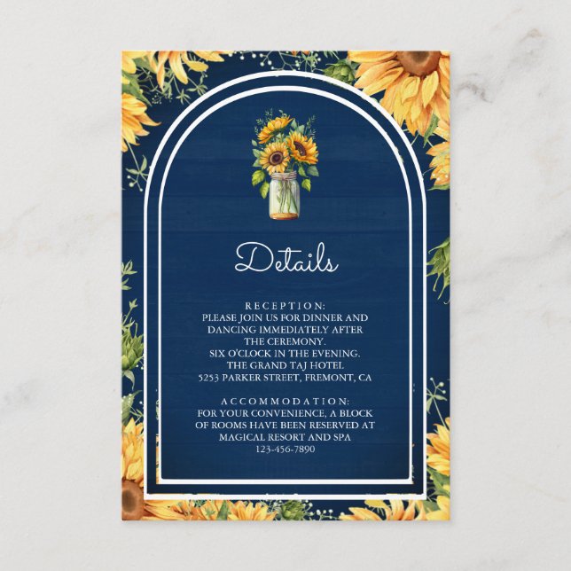 Navy Blue Sunflower Mason Jar Arch Wedding Details Begleitkarte (Vorderseite)
